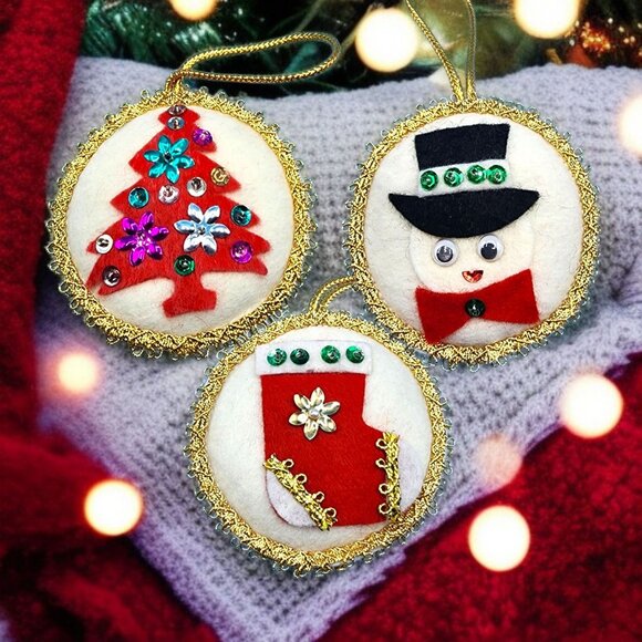 Vintage Felt Christmas Ornaments Set • Snowman w/ Googly Eyes • Beaded Tree • Se - Picture 2 of 10